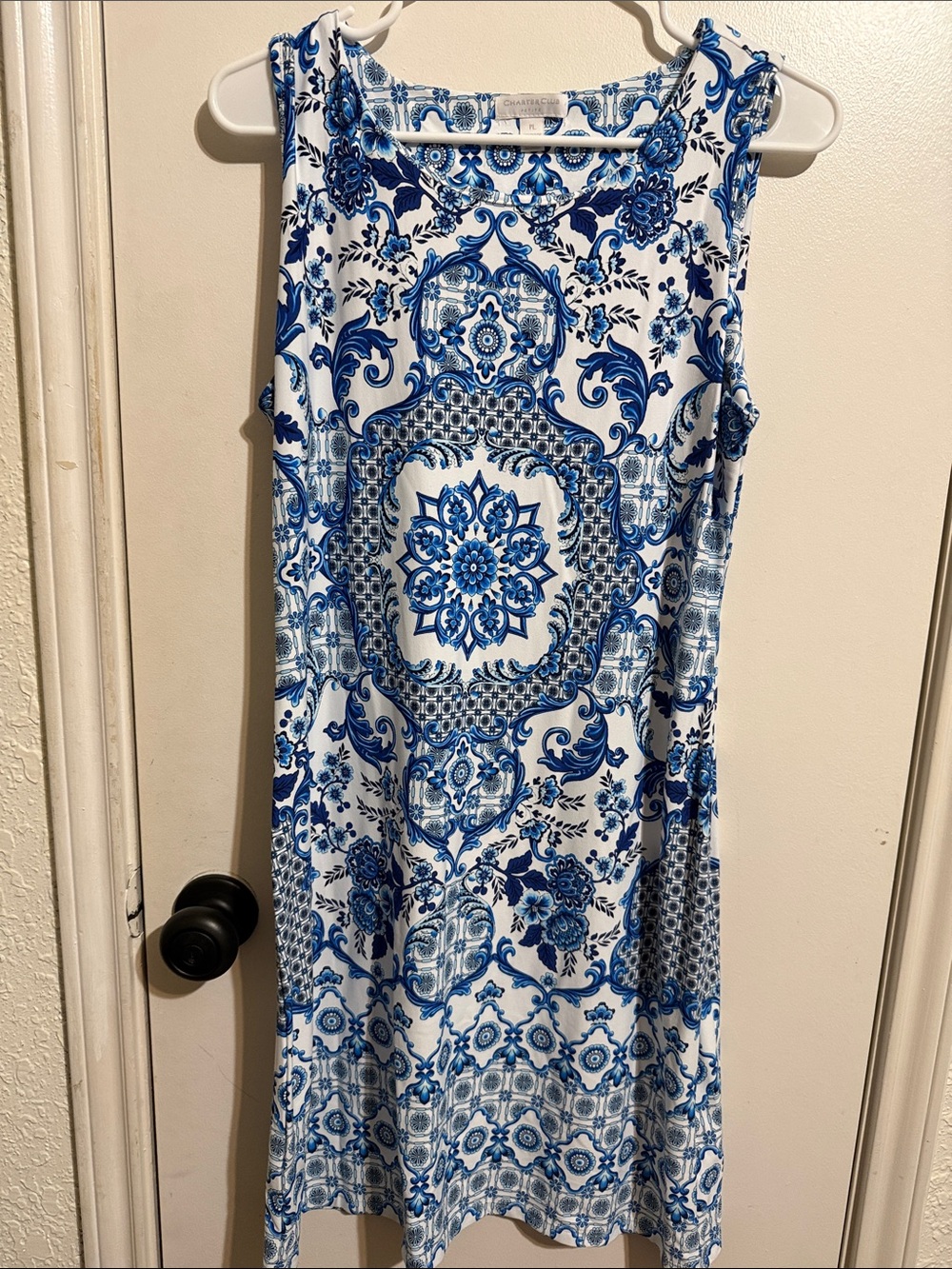 Sleeveless Blue and White Printed Shift Dress
